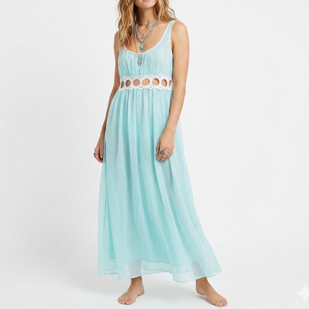 70s Vintage Chiffon LOV'LEE Aqua Blue Maxi Nightgown Loungewear Cottagecore Lace